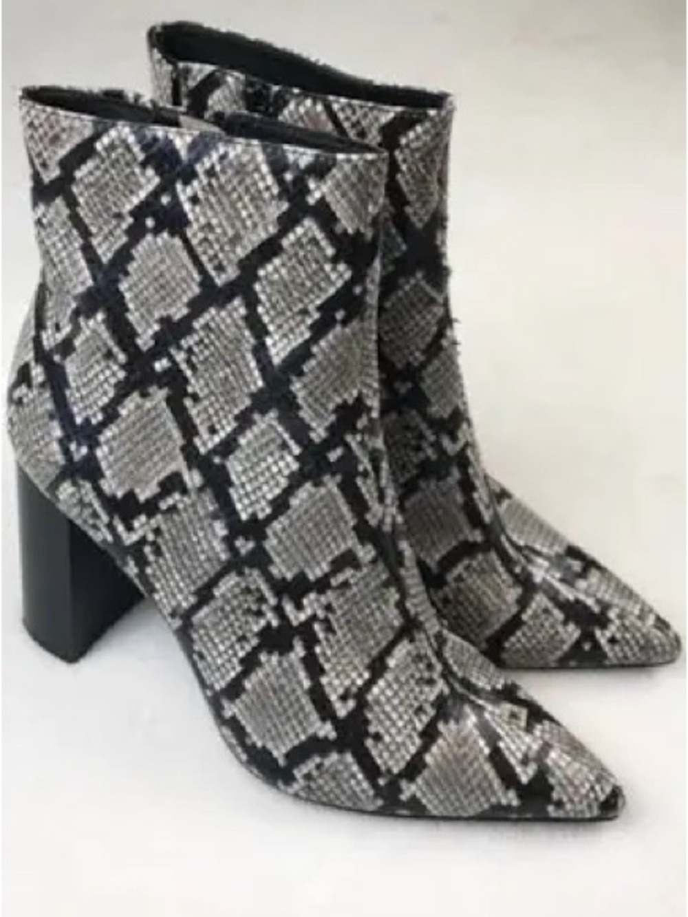Jeffrey Campbell Silver and Black Snake-Print Pointed Ankle Boots
